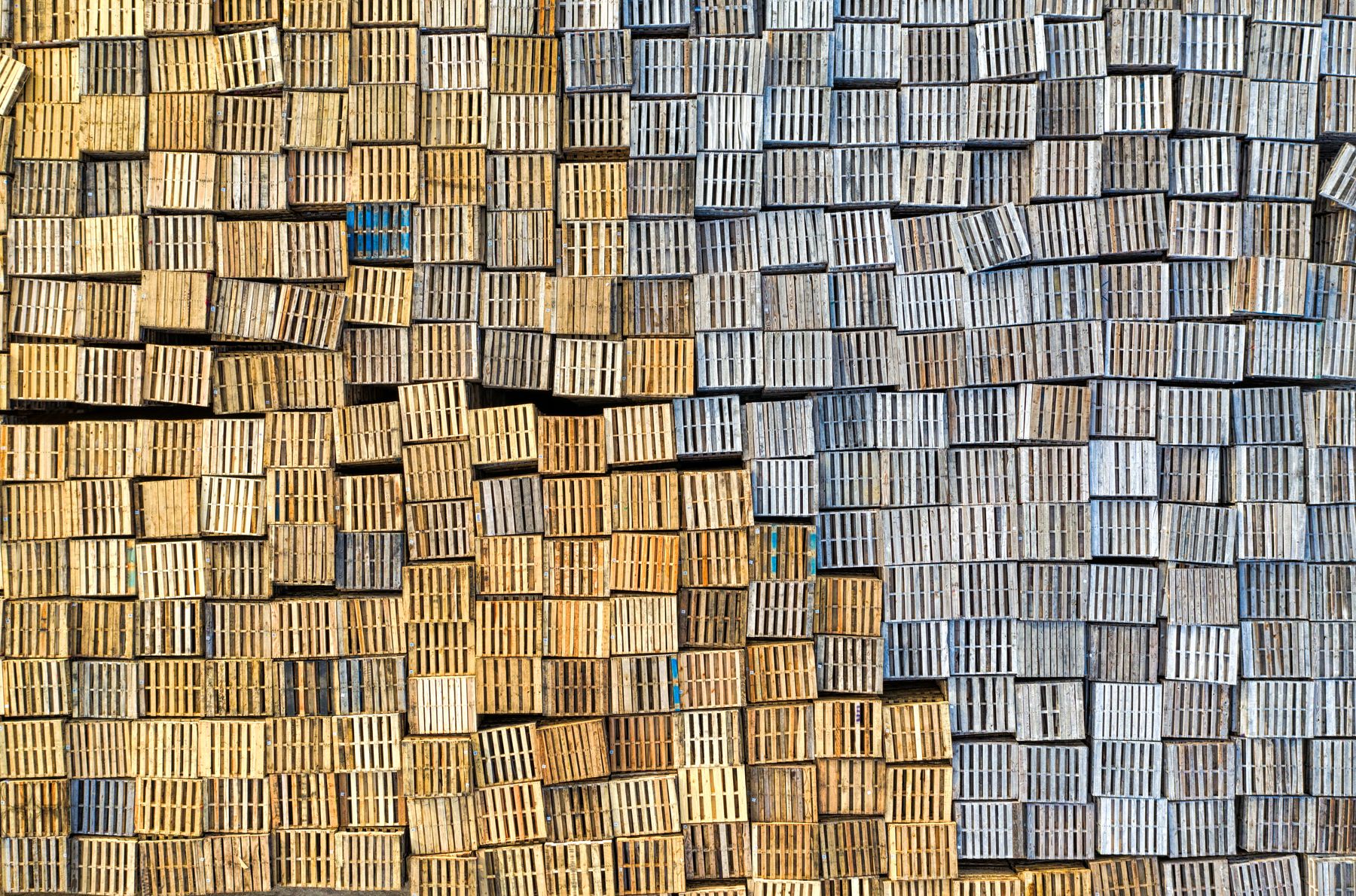 Overhead view of wooden freight pallets arranged in dense rows